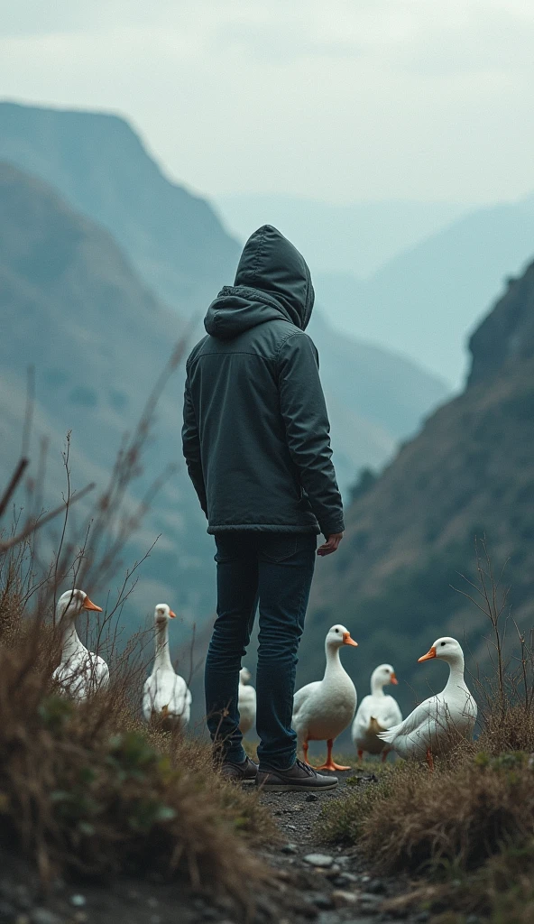 A man in a hooded jacket stands with his back to the camera, on the edge of a wild, untamed landscape. Around him, several ducks gather, as if ready to join him on a journey into the unknown. The scene captures a moment of anticipation, with the man poised to embark on an adventure he's never experienced before
