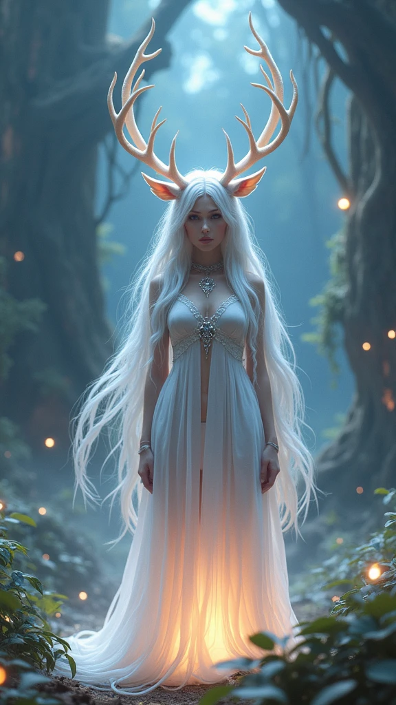 a woman with white hair and a deer head standing in a forest, elegant cinematic fantasy art, hyperdetailed fantasy character, 4k fantasy art, fantasy art behance, digital fantasy art ), detailed fantasy digital art, epic fantasy digital art style, detailed fantasy art, digital 2d fantasy art, white horns queen demon, 8k fantasy art, epic fantasy art style, high quality, (RAW photo, best quality), (realistic, photorealistic: 1.4), (extremely delicate and beautiful: 1.4), amazing, fine details, masterpiece, ultra detailed, high resolution, best illustration, best shadow, intricate, ( extremely intricate: 1.2), (exquisitely detailed skin), cinematic light, perfect anatomy, (cool color: 1.4), sharp focus, 8k UHD, DSLR, (Fujifilm XT3),Epic Fantasy Art Style HD, 4K fantasy art, epic fantasy digital art style, epic fantasy art style, Fantasy Woman, epic fantasy art portrait, Epic fantasy style, hyperrealistic fantasy art, hd fantasy art, Epic fantasy character art, epic fantasy art, in style of dark fantasy art, epic fantasy digital art