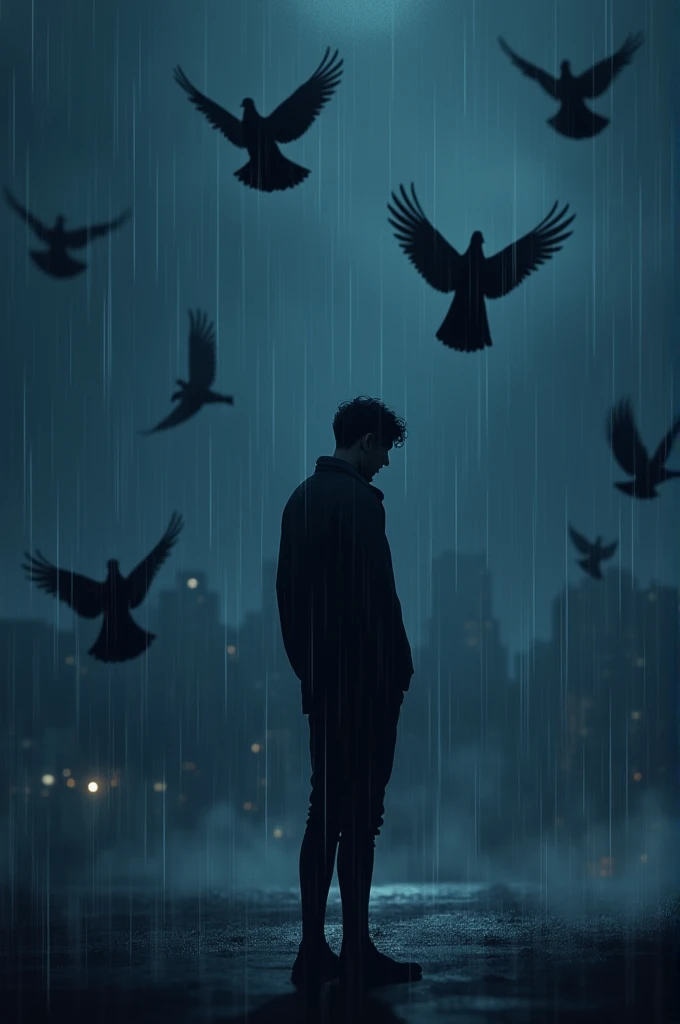 Person from back in the rain with pigeons flying around at night