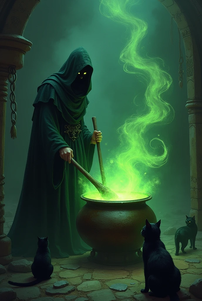 Witch’s Brew: A cauldron bubbling with a green potion, surrounded by mystical symbols, black cats, and a witch stirring it with a long spoon. Wisps of smoke form spooky shapes in the air.