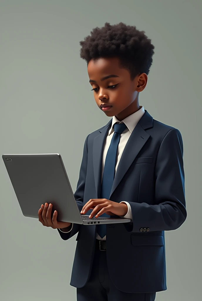 Realistic Somali Boy with suit , Standing and Using his laptop