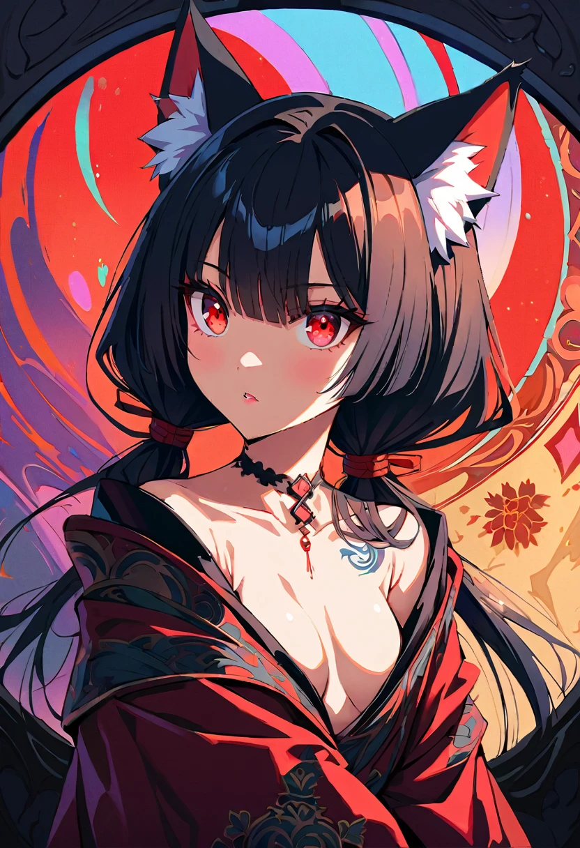 Masterpiece, Best quality, gif,1 porcelain ceramic girl, Solo, Natural skin texture, Realistic black eyes and facial details :5),(Dark :1. 4), Deep shadows, Extremely detailed beauty, Detailed eyes and face, sharp black eyes, Red lipstick, No black eyeliner, Detailed Gothic costumes, pony tails, Black hair, nikon d850 film, Surreal, Authentic textures, Dramatic, lighting, illusory engine, (facial clarity :1). 5), (Transparent clothes :1); 1) Gothic style, Black lace, tattoo. Japanese girl with more or less long black hair with bangs and red highlights, e sexy, Lady,Red hair,dress,beautiful,anime,tattoo, face portrait, close up, big beautiful detailed eyes, ulzzang, art nouveau, candy, sweets, tattoo background pattern, tapestry, backlit, neon palette, geisha, 3 dimensional against a traditional japanese tapestry, ,((long hair slightly wavy slightly past the shoulders, black bangs, small black pigtails on the sides, cute cat ears, beautiful thin red eyes,)),Gafe,Muslos carnosos,Estilo de publicidad del cartel.,Ultracortos,Simetall,C cup,happy expression, jinxlol. (Masterpiece, Best quality, Ultra-detailed, Best shadow), (Detailed background,Dark fantasy), (Beautiful detailed face), High contrast, (Best illumination, An extremely delicate and beautiful), ((Cinematic light)), Colorful, Hyper-detailing, Dramaticlight, Intricate details, (1 girl, Solo,Black hair, sharpy face,Low Twin Tails,Red eyes, hair between eye,Dynamic Angle), blood spatter, swirling black light around character, Depth of field,Black light particles,(Broken glass),Magical Circle,