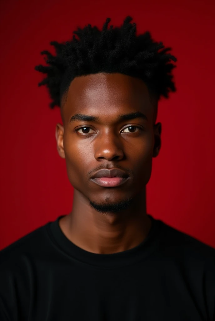 Make a man with 1 without a beard, curly hair and very short, dark hair color, dark skin color with a black shirt with the position facing the camera with a red background in the dark 