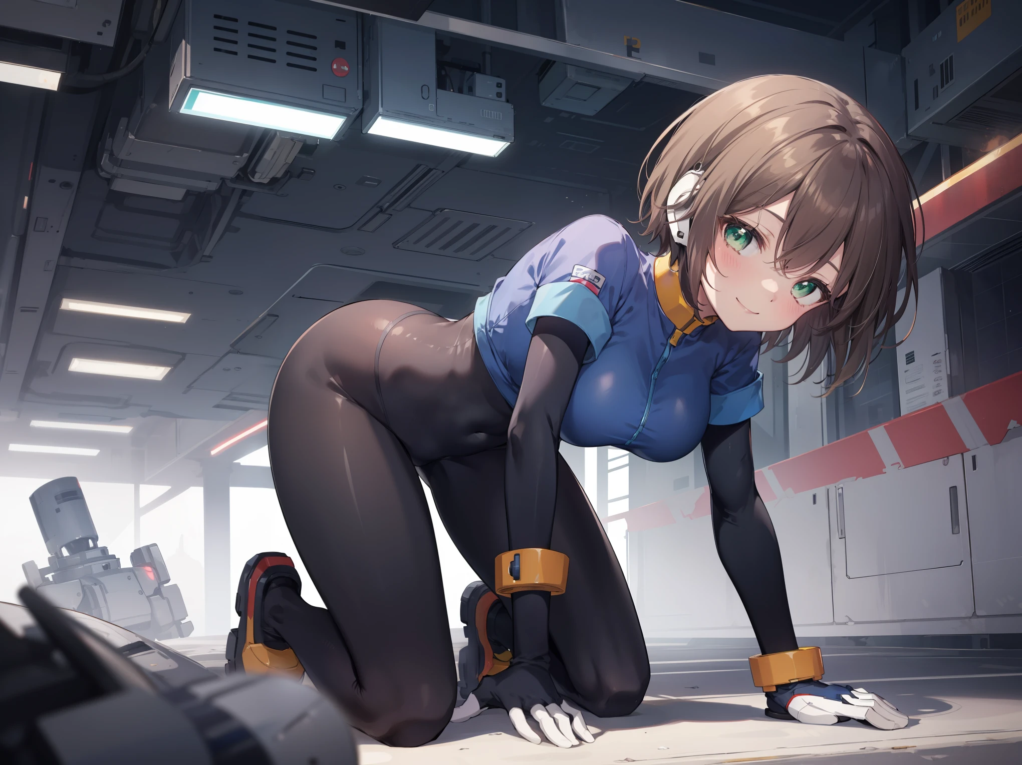 aile_megamanzx, kneeling with hands on the ground and , 1girl, solo, short hair, brown hair, short sleeves, (bodysuit), robot ears, green eyes, short_shorts, short sleeves, short over long sleeves, smile, in futuristic city, , high quality, large_breasts,crotch, slouch,on_all_fours,