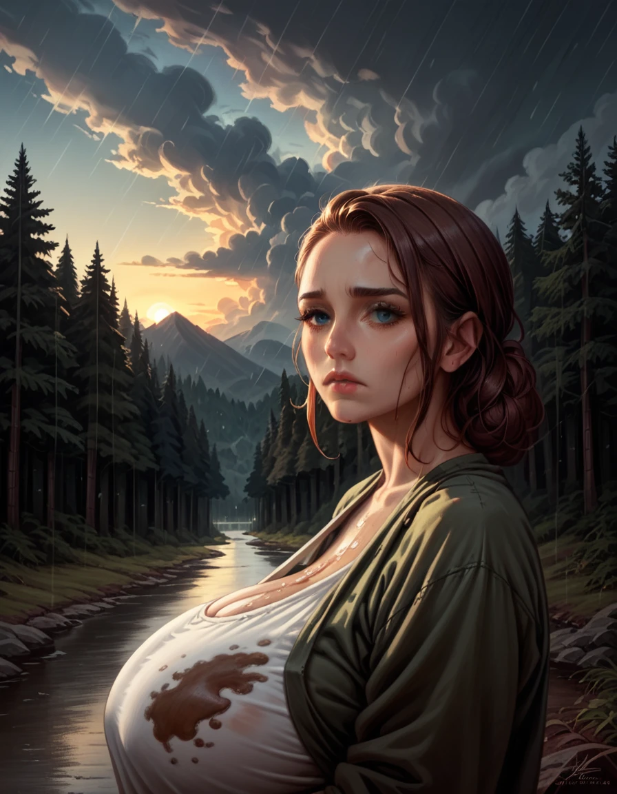 (1 girl) (masterpiece, best quality) ((the cutest camp councilor is sad she wont see you until next year)) , , , (stormy dark sky, sunset, raining) (beautiful forest background)
((Melancholy emotions:1.4)), ((realistic oil painting)) art by norman Rockwell, ((not sexualized huge breasts))