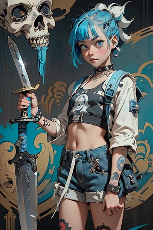 ((1 punk girl,Unusual punk hair:1.3)),((Blue and white British punk fashion:1.5)),(Light black and blue hair:1.5、Long Bangs:1.5、short hair)Studded clothing、((Holding a sword in his right hand:1.5))、((Small backpack on the back))、（Narrow and small eyes）,Wacky makeup、Breast augmentation, (masterpiece), (High resolution), (Very delicate), nightmare, Doll-like face, Manga Style, Horror elements, Manga Styleイラスト, Japanese painting, phantom, (spooky), Japan sculpture, crazy illustration, antique, Dark atmosphere, Flat Illustration,spookyな外観, Unique atmosphere
