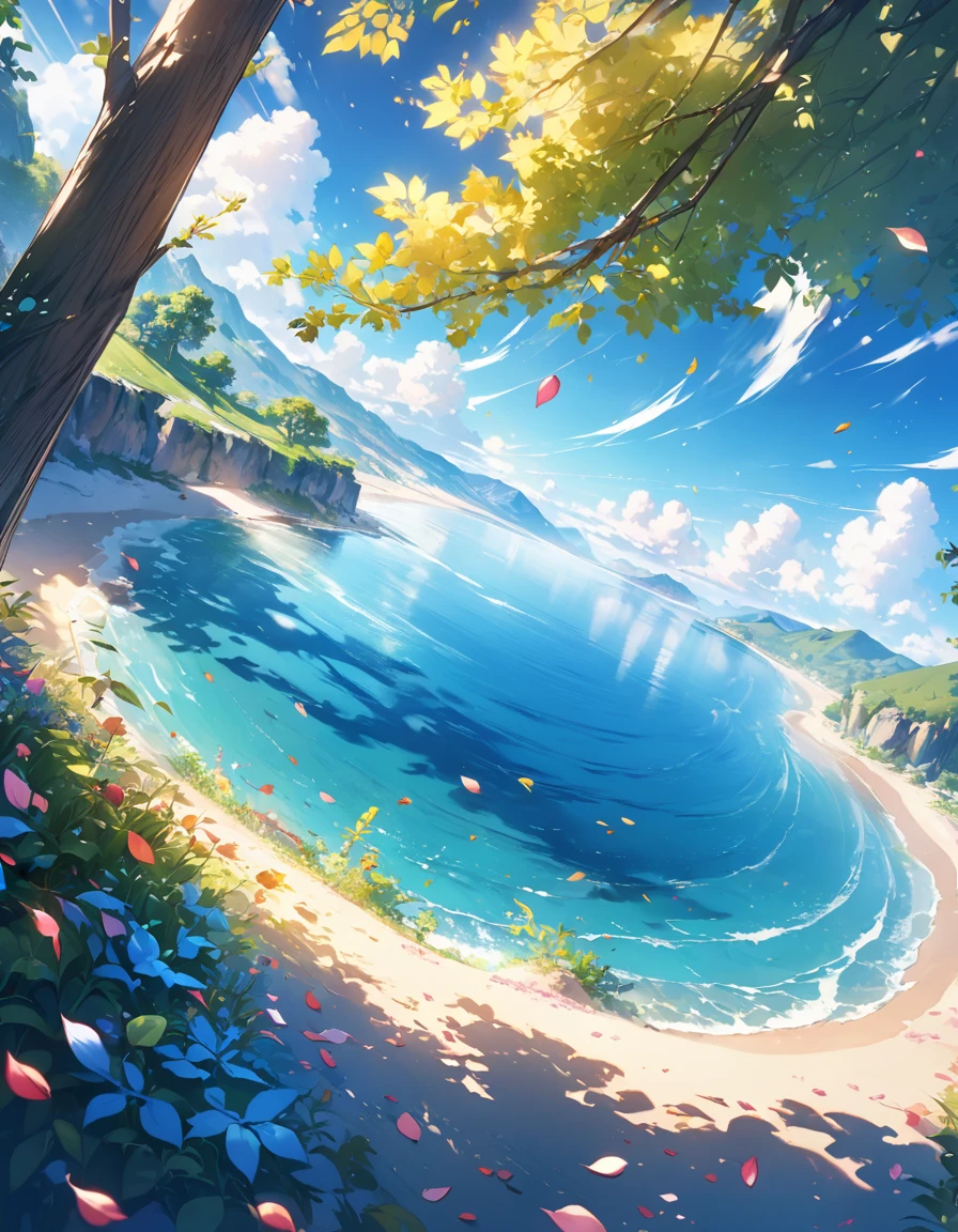 Masterpiece, best quality, (very detailed CG unity 8k wallpaper) (best quality), (best illustration), (best shadows) Nature, blue sea,delicate leaves petals of various colors falling in the air light Tracking, super detailed 