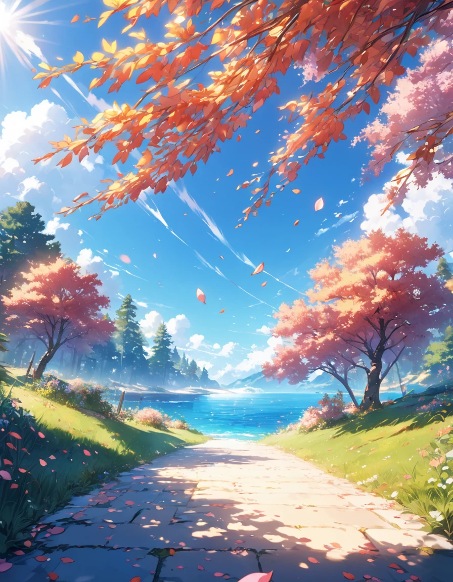 Masterpiece, best quality, (very detailed CG unity 8k wallpaper) (best quality), (best illustration), (best shadows) Nature, blue sea,delicate leaves petals of various colors falling in the air light Tracking, super detailed 