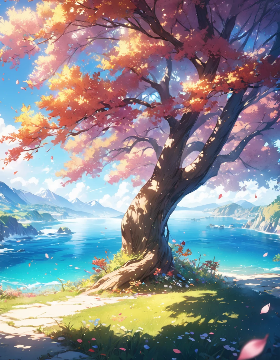 Masterpiece, best quality, (very detailed CG unity 8k wallpaper) (best quality), (best illustration), (best shadows) Nature, blue sea,delicate leaves petals of various colors falling in the air light Tracking, super detailed 