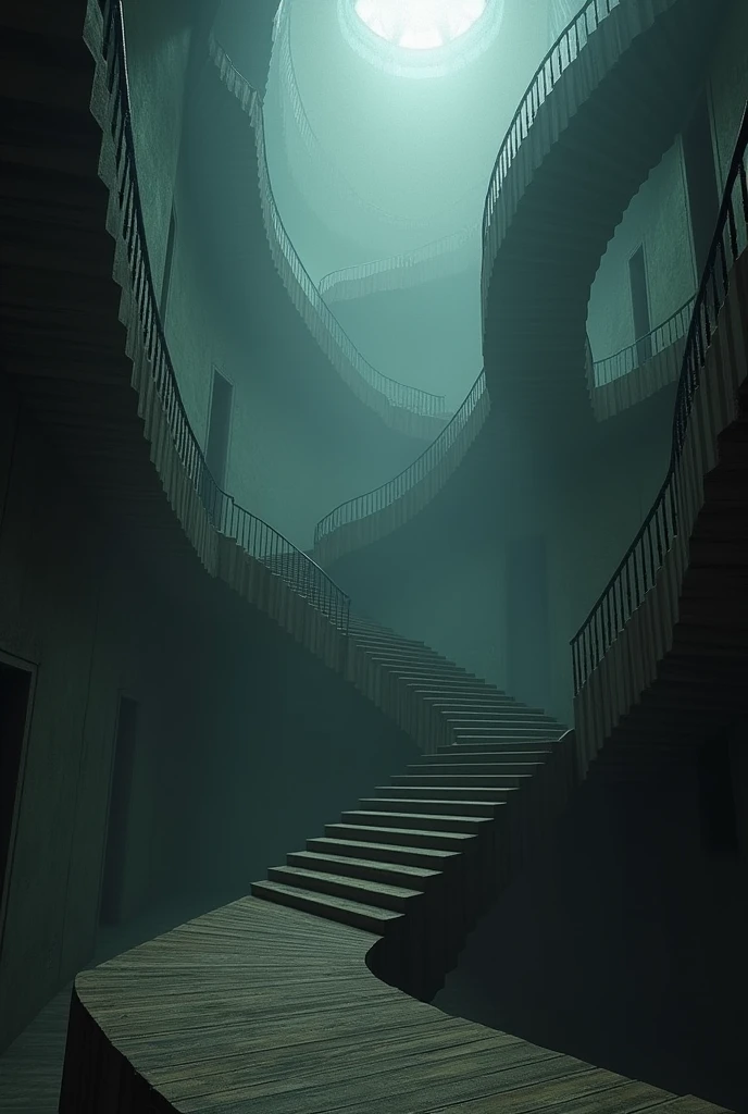 (photorealism:1.2), immense inside space, Escher, twisted and unreal, liminal, dark, haunted, artificial , wooden floors, staircases, darkness, no lighting, mist