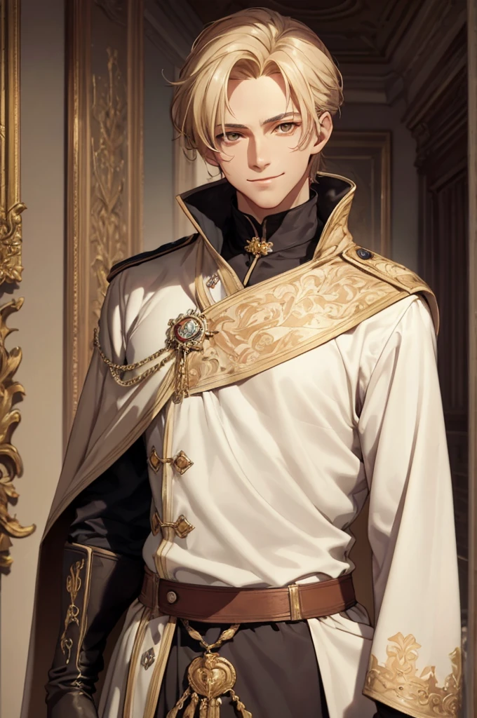 ((masterpiece)), ((best quality)), ((8k resolution)), ((max quality)), detailed eyes, 1 man, brown eyes, masculine, nice hands, perfect hands, short honey-blond hair, fantasy manor interior background, clear background, handsome, calm smile expression, prussian tunic, justice balance scale badge, oneside cape, gloves, close-up, front view, medium shot
