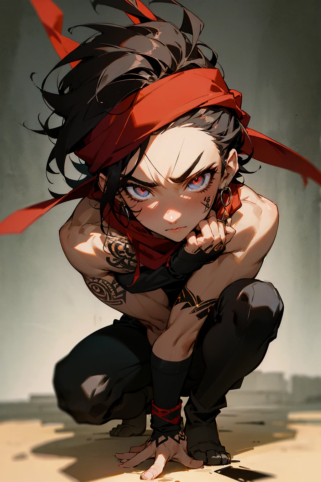 Masterpiece Quality, Perfect Generation, Sclera, Detailed Eyes, Skin, Black Spiky Hair, Muscular, Street Clothing, Random Expression, , Dark Street Background, Full Body, Tanned Skin, , Red Earrings, , , , Clothed, Hair Tie, Male, Gangbanger, durag, red, bandana, tall, Smiling, Crouching, Tattoos, Third eye tattoo, blindfold, strong