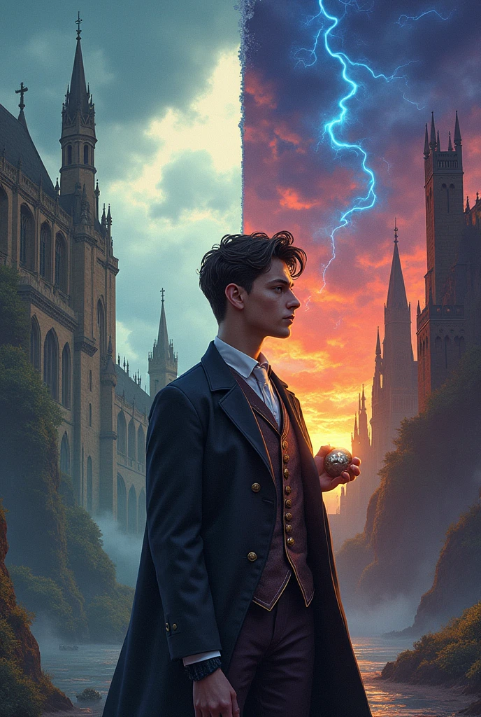 A split scene cover. On the left side, depict late 19th-century Great Britain, with an overcast sky above Cambridge University’s iconic Gothic architecture. A young man, Ethan Rivera, stands prominently in the foreground, dressed in a formal academic suit typical of the era, his expression determined yet contemplative. To his right, the scene transitions into a vibrant, medieval fantasy world, with mystical forests and towering, magical ruins under a sky of swirling colors. Ethan is seen again, now clad in a mix of 19th-century attire and medieval armor, holding a hand size metallic spherical object (an Admin Core) that emits a faint, ethereal glow. Looking toward the difference world The background on this side features strange creatures and an ancient wall, symbolizing the barrier between the two worlds. The title, The Odyssey of 1896, is displayed prominently at the top in a stylized, elegant font that combines elements of Victorian and medieval design.