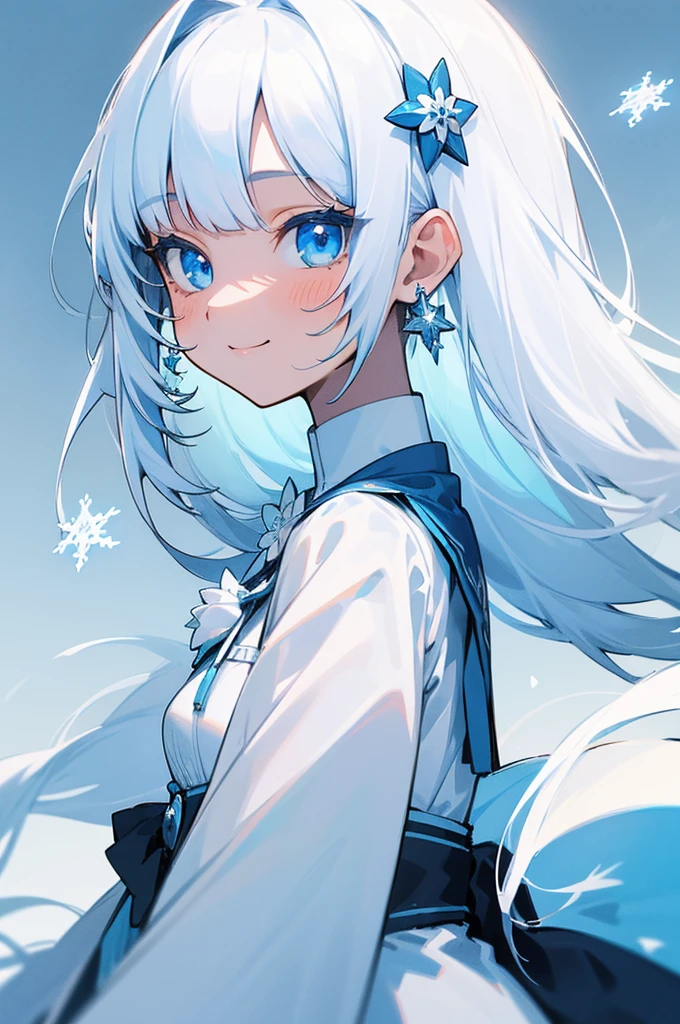 (Best Quality,hight resolution:1.2),Portrait,White hair,Long hair,Blue eyes,girl,1,Bigchest,Soft bangs,Brooch with small white flowers,Small snowflake earrings,White and blue tones,Cheerful smile、cowboy  shot