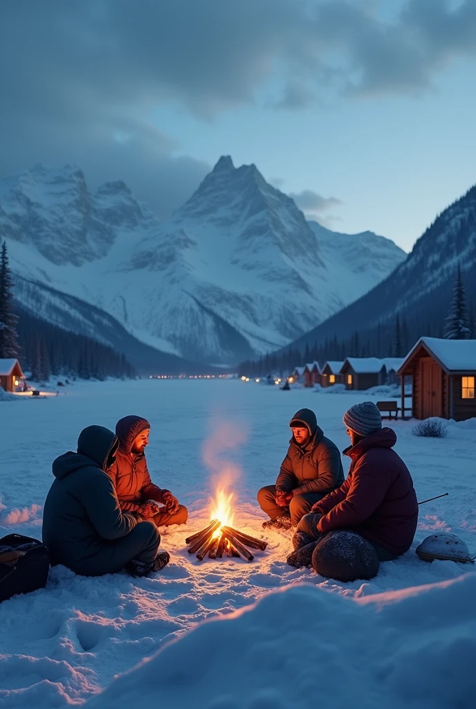 Lifelike image of an ice fishing camp in Alaska during dusk