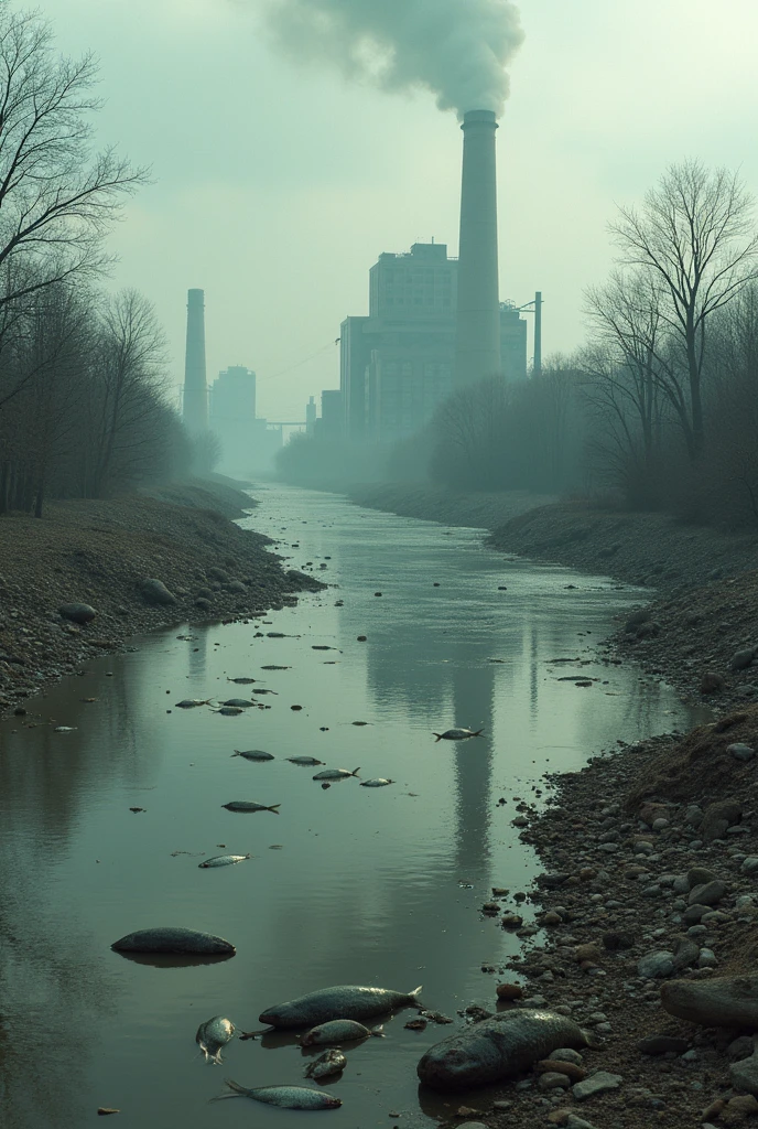 polluted river,factory in the back , dead fish ,river front