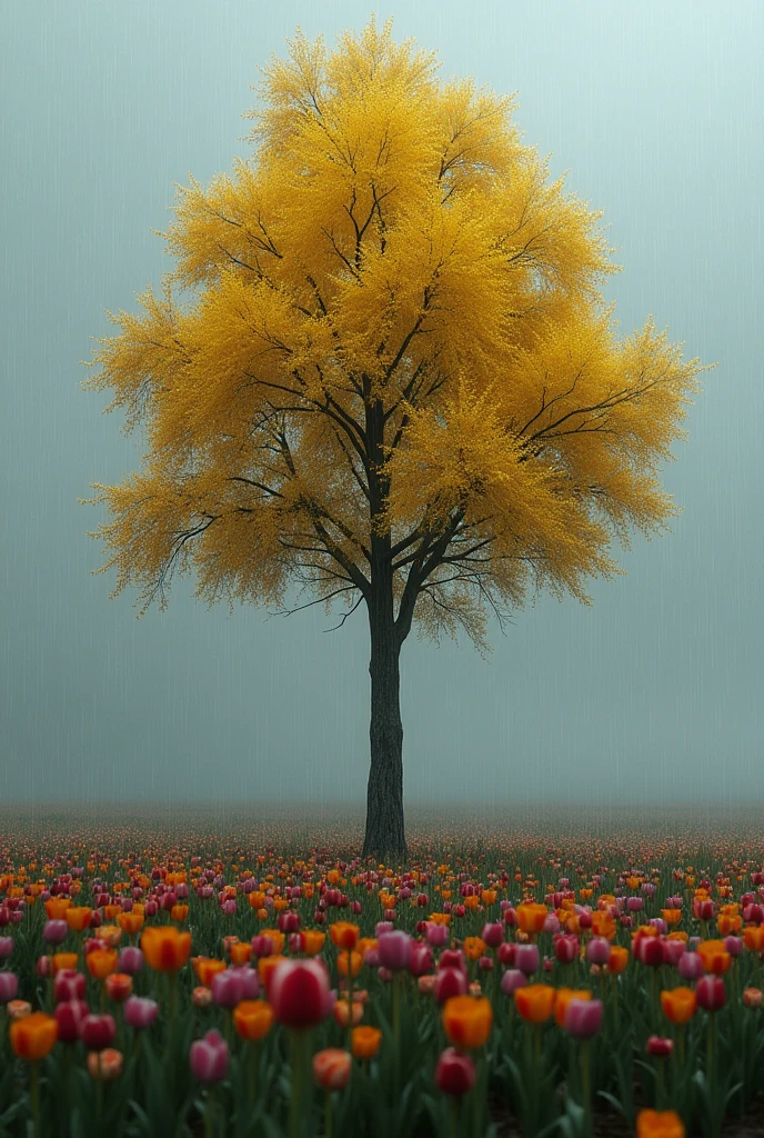 yellow ipe, in a rainy climate, in a treeless place where she is the only one, with tulips, withouth People, houses, or buildings.