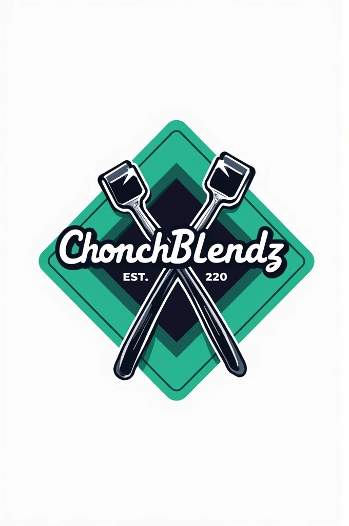 Create a flat vector, illustrative-style emblem logo design for an urban barber 'ChonchBlendz' established in 2020 , featuring a diamond modern straight razors crossed in the center of the company name. Use bright green, blue, and black colors to convey trust, premium service and a luxury experience against a white background.