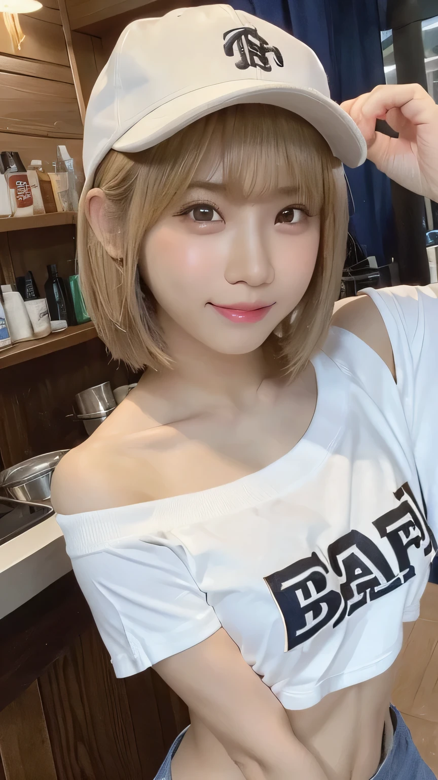 （tanned skin1.5)（Smile 1.6）、4K,Highest quality、Masterpiece、Selfie from diagonally above、cute、Mid-chest、 Perfect beauty、Wearing a baseball cap、Fluffy bob cut、With bangs、Light blonde、 Highly detailed face and skin texture、Off-the-shoulder cropped T-shirt、Shorts、Cafe Terrace