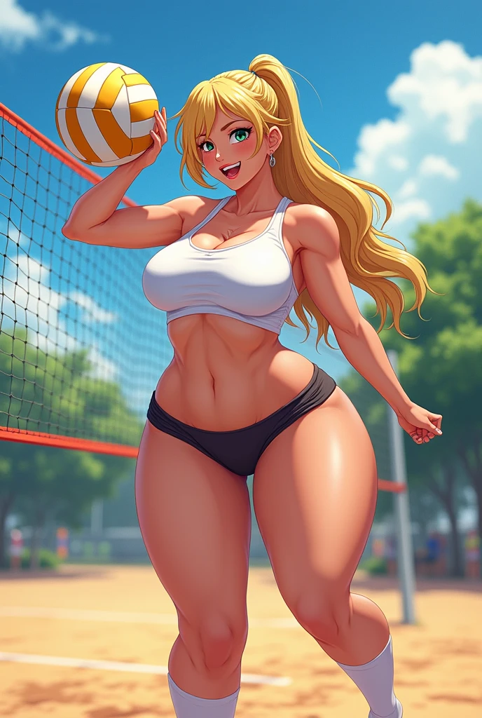 Create a busty blonde with big anime thighs playing volleyball