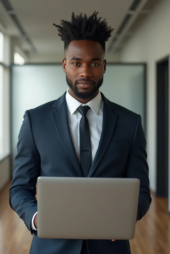 Realistic Somali 20 years old with suit , Standing and Using his laptop