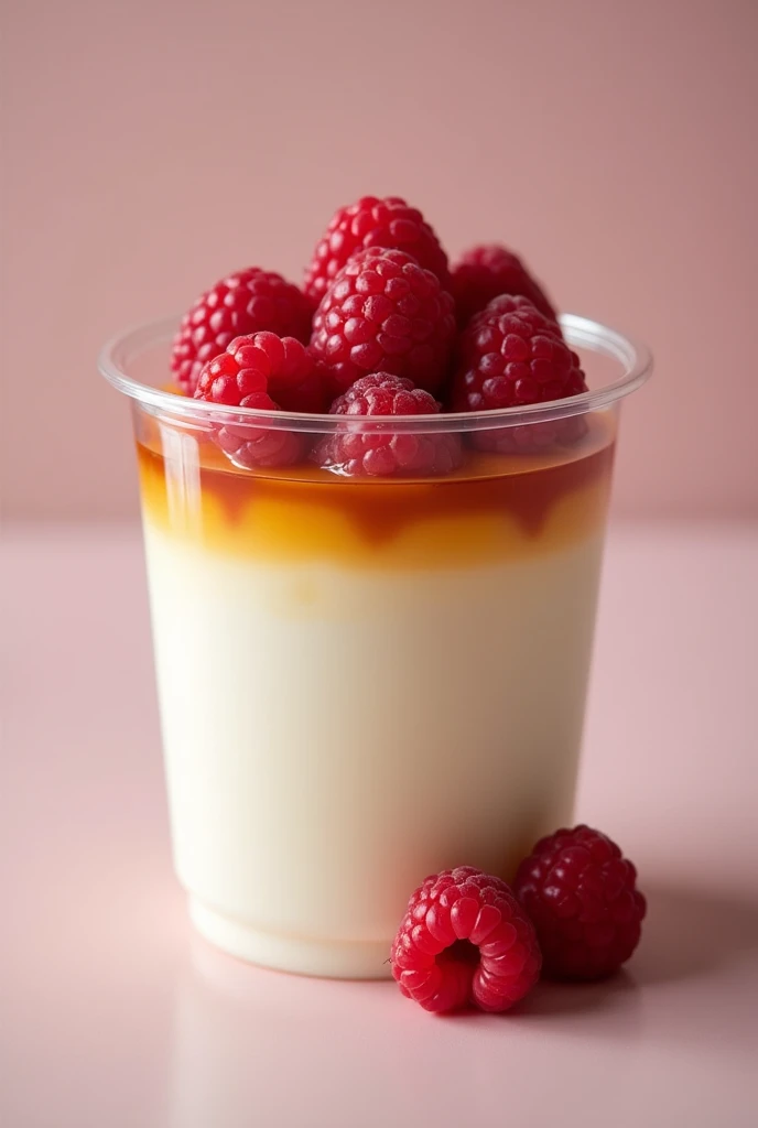500g pure white panna cotta base with a single thin layer of honey on top, topped with 10 raspberries in a cylindrical plastic cup enclosed with a lid