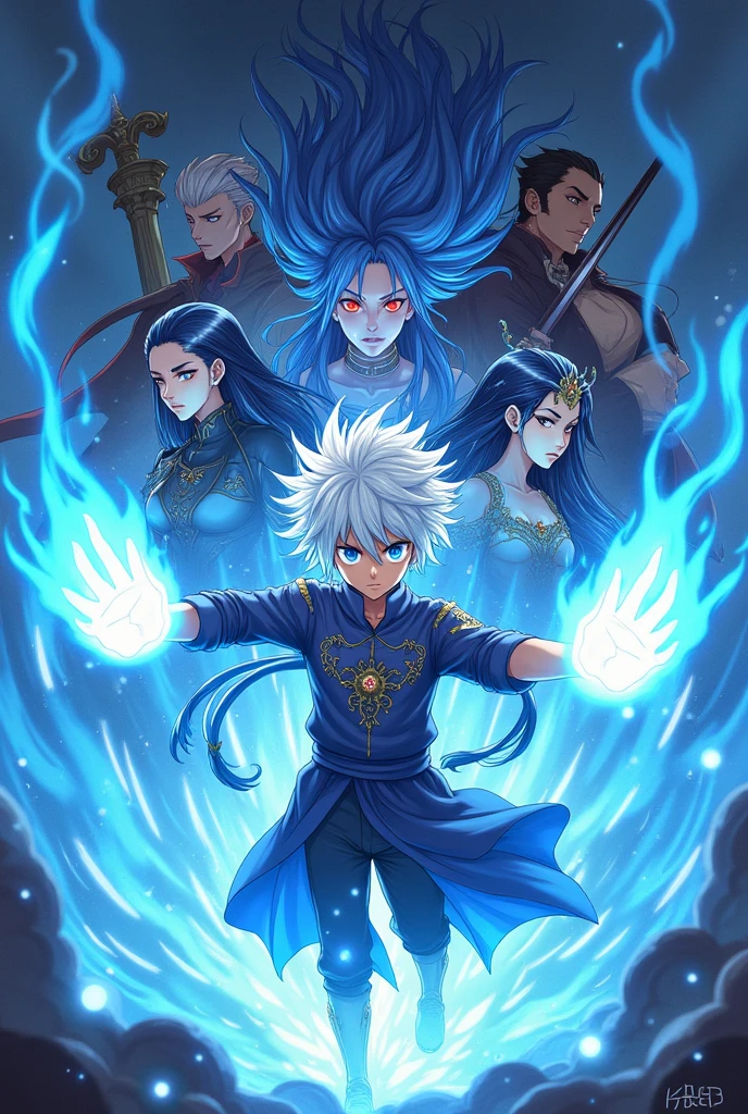 Create a cover of an anime boy with white hair and blue eyes showing his power with blue fire in his hands and around him are his friends: a dark wizard , A beautiful female swordsman and a wizard with the power of darkness, and in the front is a Demon Queen with blue hair and dark reddish eyes, and the title of the cover appears in the center called The Darks Of Destiny