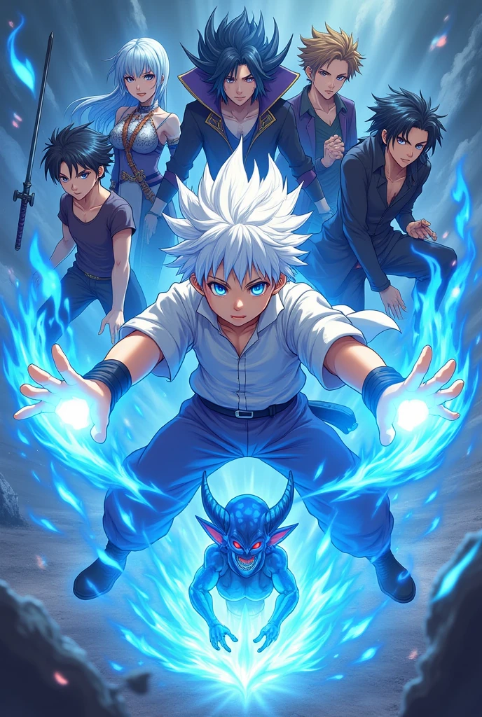 Create a cover of an anime boy with white hair and blue eyes showing his power with blue fire in his hands and around him are his friends: a dark wizard , A beautiful female swordsman and a wizard with the power of darkness, and in the front is a Demon Queen with blue hair and dark reddish eyes, and the title of the cover appears in the center called The Darks Of Destiny