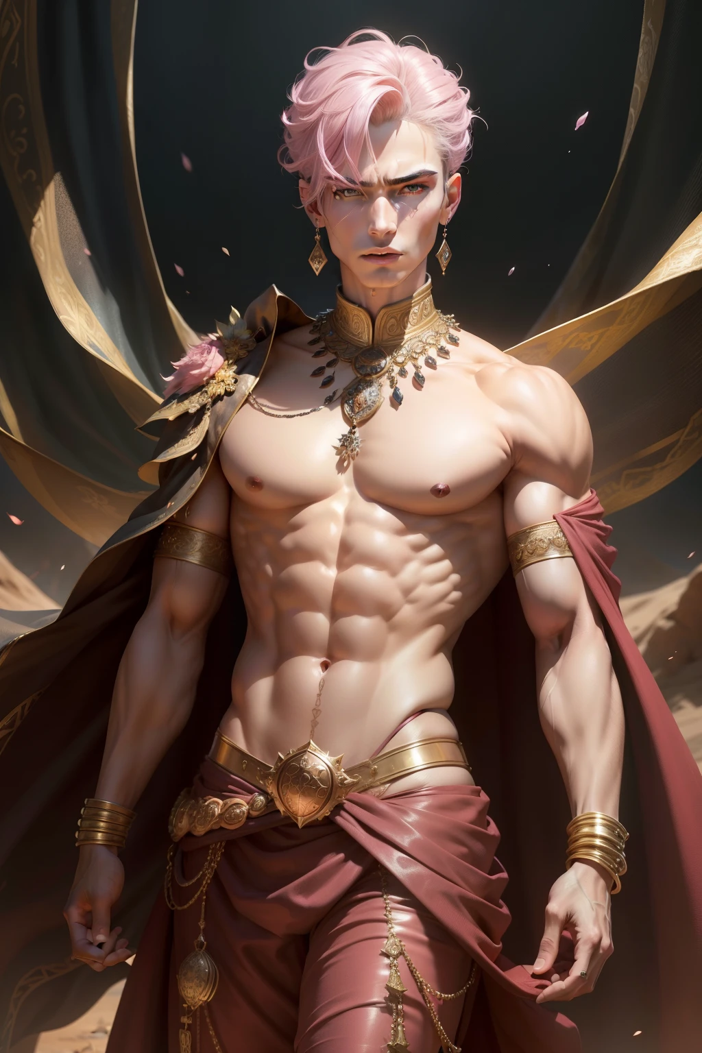 (8k,photorrealistic RAW photograph Maximum quality;1.4) (1 Korean) Super handsome king of the underworld (lifelike face) (desert rose hair, Short hair in the wind) slenderbody Muscular and macho big pink eyes Aristocratic metallic outfit with desert rose Desert rose decoration in the wind Fangs peeking out of the mouth Pointed claws a seductive gaze Beautiful expression A hyper-realistic (King of the Underworld) appealing (real looking skin) super high resolution high détail Luxurious pants with metallic desert roses Aura of desert roses emanating from the body effect Desert Roses Metallic Cover