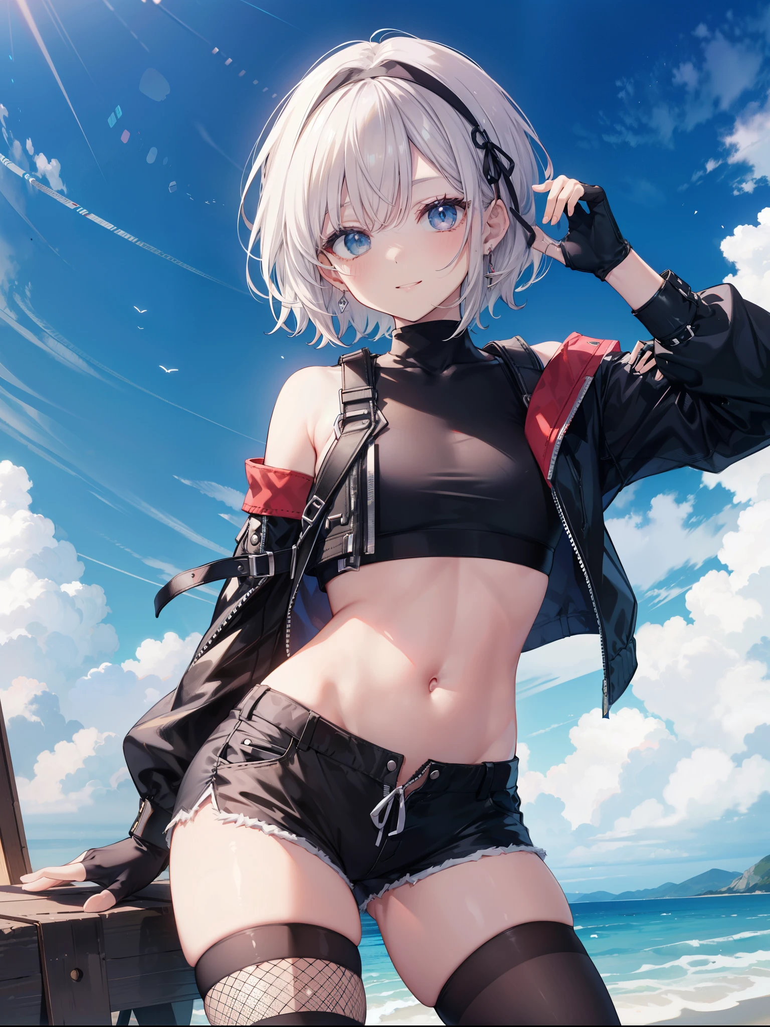 ,Haircuts, pixie cut,
BLAKE crop top, fingerless gloves, fishnet Thighhighs, fishnet, forehead protector, gloves, head band, belly button, very_short_shorts, shorts, single sleeve, No sleeve, No sleeve turtleneck, Thighhighs, turtleneck, darkbrown_hair,
、blue sky、smile, solo,rising_leg,solo,crotch,open_legs,