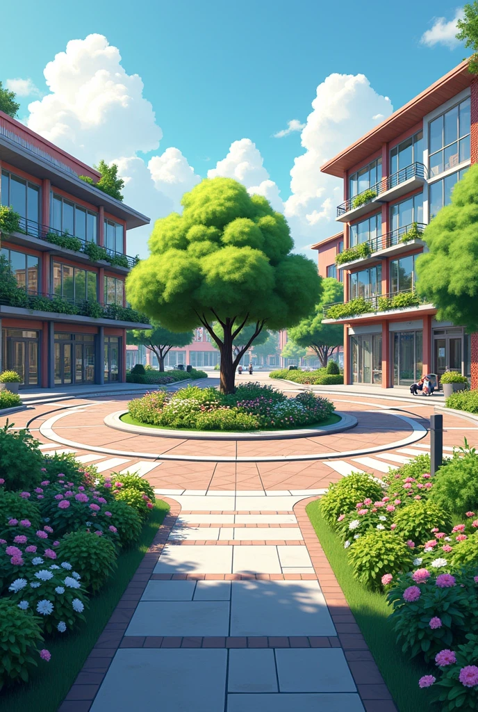 An intersection on streets with irregular grids,contemporary town hall on the corner with elevation on stilts, garden and small trees. On the other corner there is a square with a concept store with glass facades., piso de pet pave, benches to sit on, a large symbolic tree and small trees,  garden colorful flowers