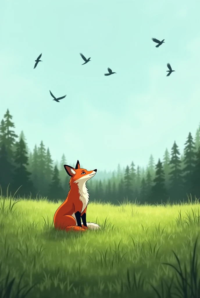 A fox sits in a field looking up, many crows flying overhead, with a forest beside it.