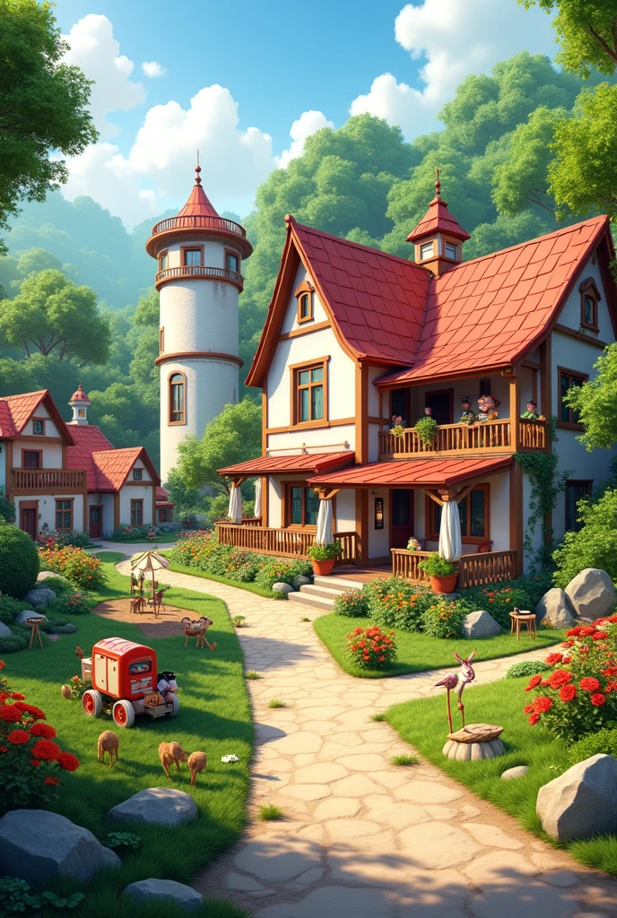 Cho tôi hình ảnh sơ đồ funny farm resort bao gồm 70 phòng và nhà hàng