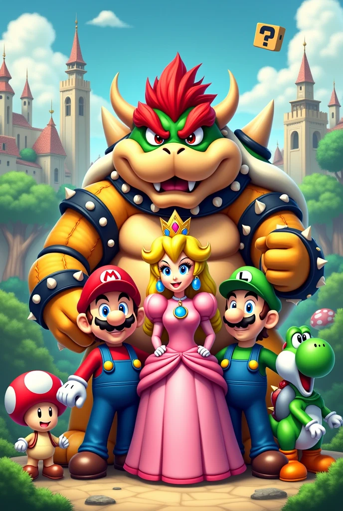 All the characters: Mario Bros, Luigi, Princesa Peach, Bowser, toad y yoshi