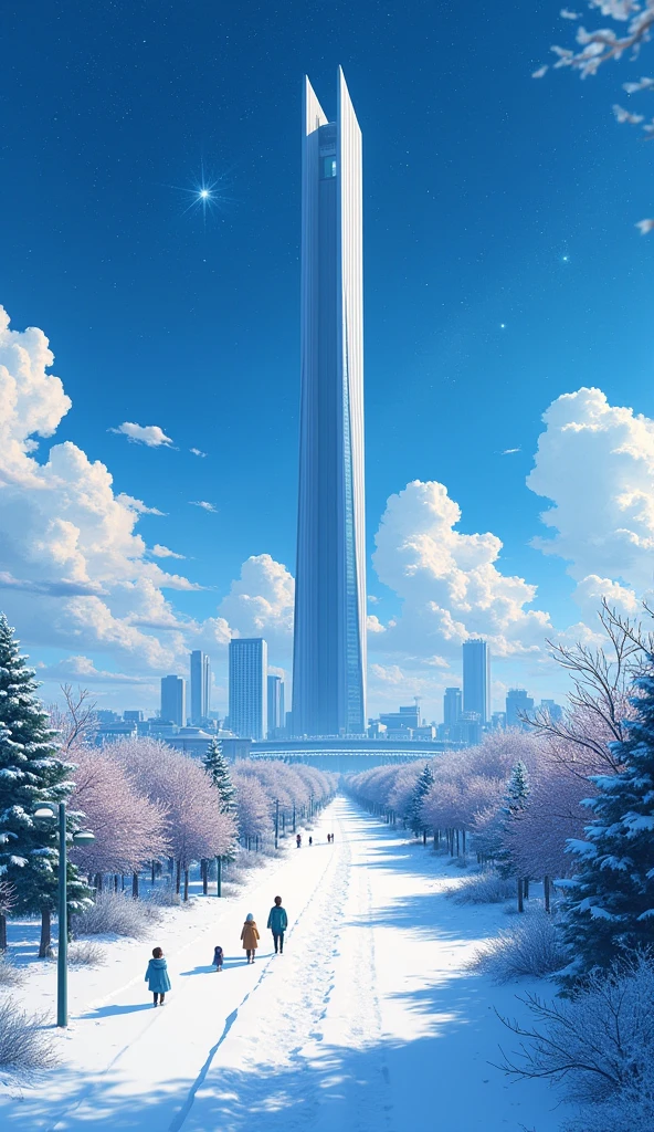 Anime landscape of a city with a tower, People walking on snowy road, Universe sky. go through: Shinkai Makoto, Beautiful anime scene, Shinkai Makoto, Cyril Rolando, Anime Background Art, Beautiful anime scenery, Anime Art Wallpaper 4K, Anime Art Wallpaper 4K, 4k anime wallpaper, Anime Wallpaper 4K, Anime Wallpaper 4K, Detail Enhancement, Perfect details.