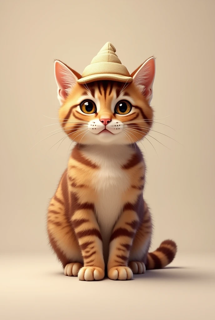 A cute, realistic brown tabby cat standing wearing a cute headgear