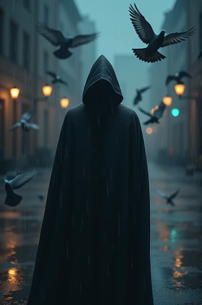 Person from back with hood in rain with pigeons flying around at night