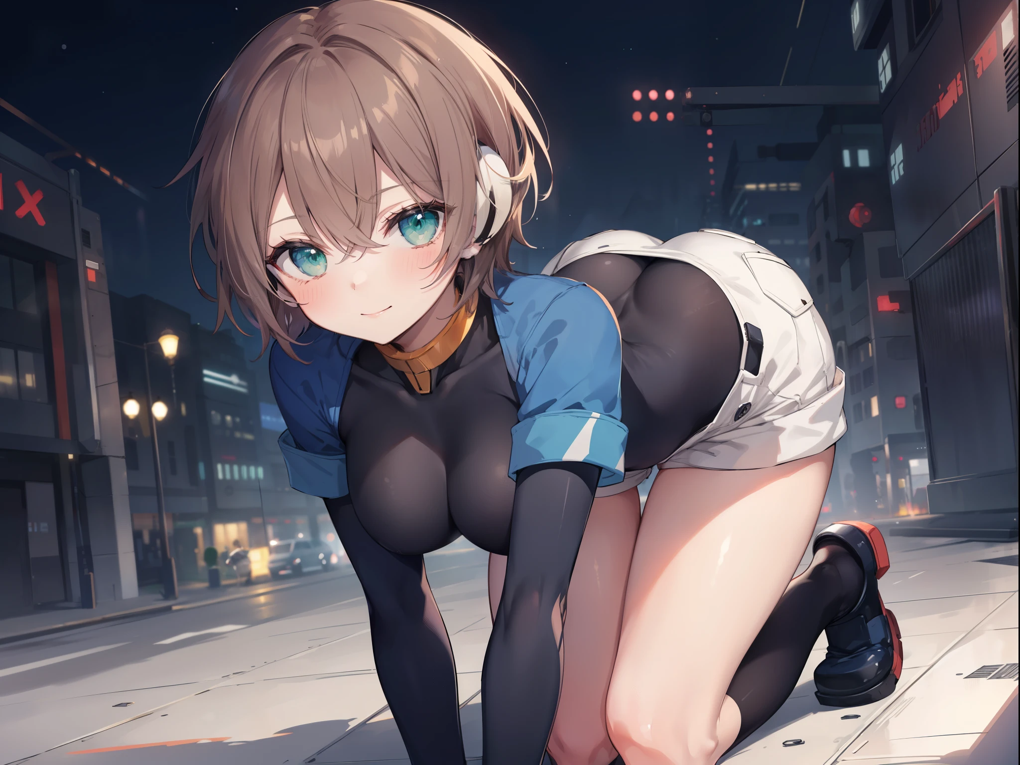 aile_megamanzx, kneeling with hands on the ground and , 1girl, solo, short hair, brown hair, short sleeves, (bodysuit), robot ears, green eyes, short_shorts, short sleeves, short over long sleeves, smile, in futuristic city, , high quality, large_breasts,crotch, slouch,on_all_fours,
