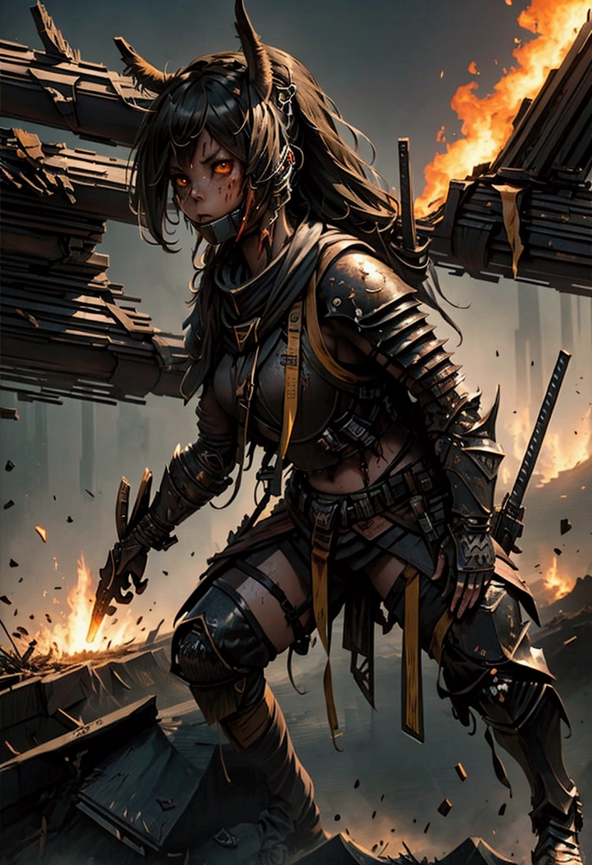 (masterpiece:1.5), (Best Quality), (Very detailed), (ultra detailed), (1 girl:1.2), (Whole body:1.2), (young girl), (by rubio), (weapon in hand), (war battle scene), (bloody atmosphere), (smoke), (fire), (Bodies), (chaotic background), (Explosions), (torn clothes), (determined expression), (sweat and dirt), (injured), (dynamic pose), (broken armor), (burnt landscape), (fighting stance), (smoldering debris), (llamas:1.3), (battle cries), (sounds of war:1.1)