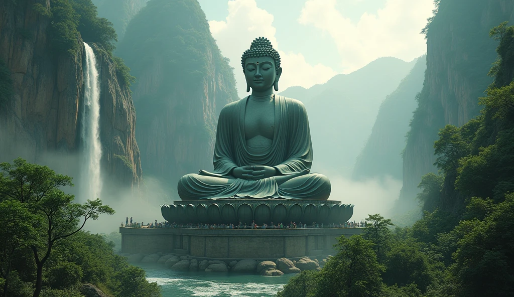 A giant, Realistic depiction of Leshan Buddha, Blend seamlessly with nature, surrealism, Ultra-detailed, Photorealistic:1.37, 3D rendering, Cinematic lighting, Divine light, Ultra-high definition, Masterpiece:1.2, Textured skin, Best quality, high resolution