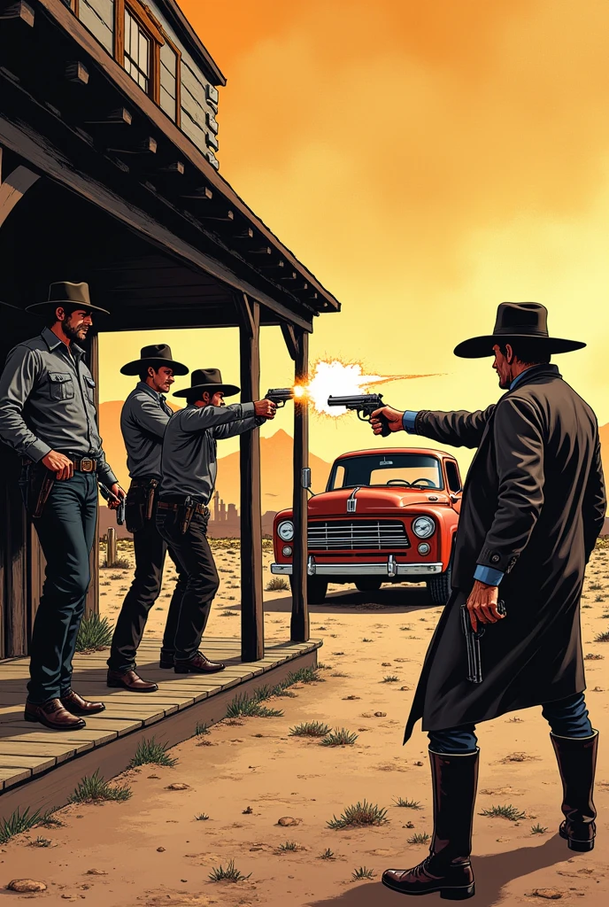 Hyperrealistic color comic 1950s three outlaw cowboys on the porch of a saloon shooting with pistols at the sheriff in the desert in the background a parked Ford truck the sheriff shoots at the three cowboys in the back of the saloon a cowgirl woman in a skirt with two pistols shoots at the three cowboys