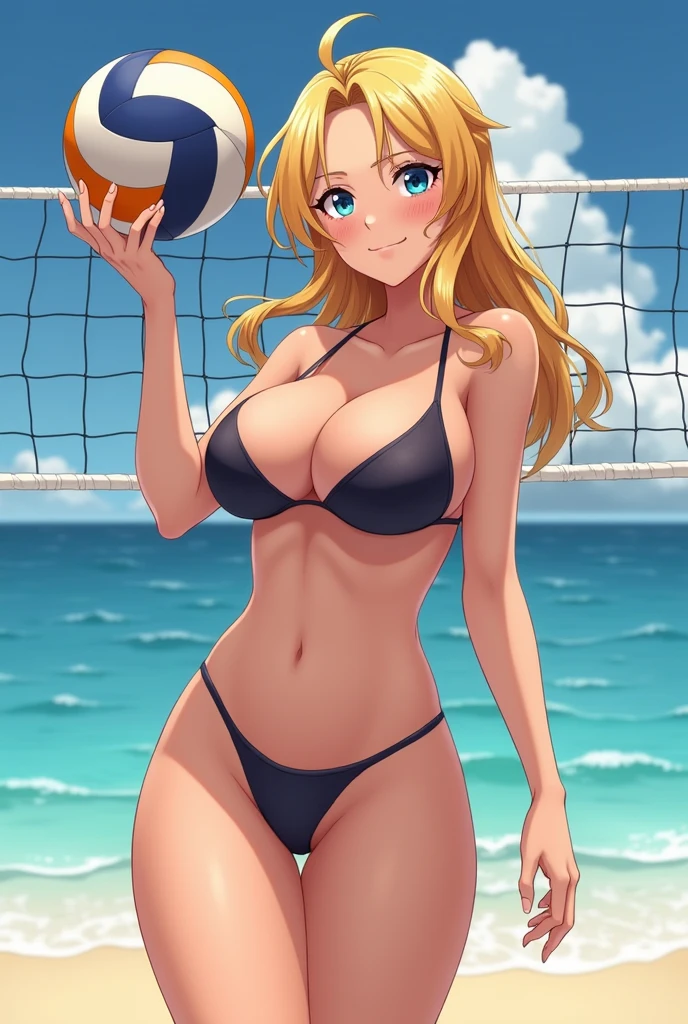 Create a busty blonde showing her tits with big anime thighs playing volleyball