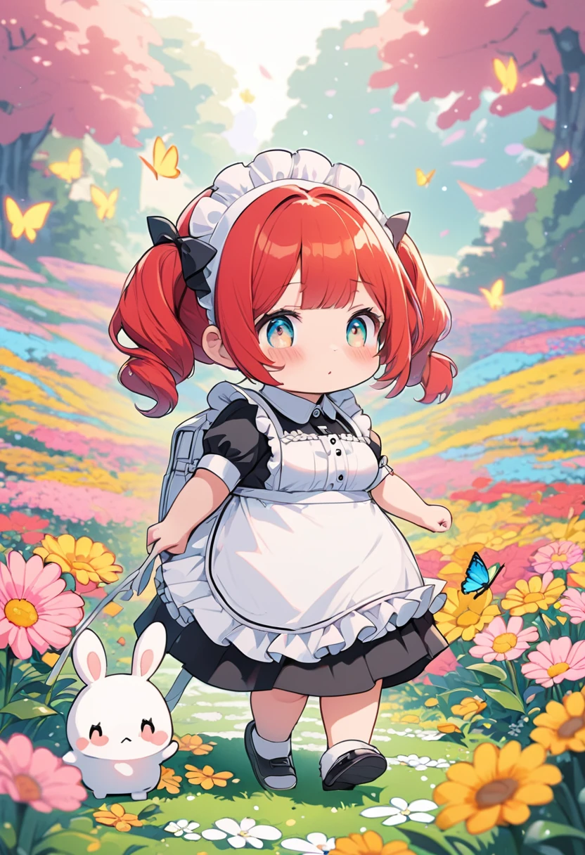 (pastel color illustrations:1.5),super chibi style girl,girl with red hair in twin tails,girl wearing maid headdress and cute maid outfit with frills,girl carrying light pink backpack,plump rabbit with fluffy white fur,rabbit walking alongside girl,rabbit looking at girl anxiously,(the rabbit is walking with the girl:1.3),(the rabbit looks at the girl anxiously:1.2),cute flower field background with butterflies,vivid colors,masterpiece,best quality,4k,8k,ultra detailed,professionally drawn illustrations