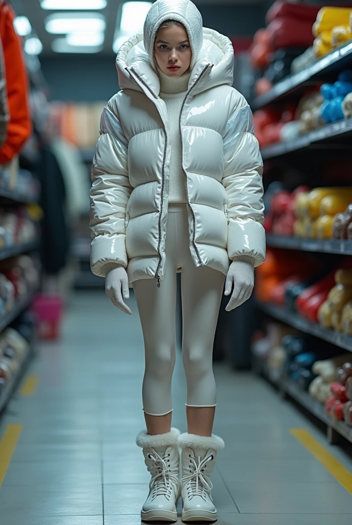 a skintight airtight transparent rubber membrane is skintight head-enclosing the head of a slim european busty hyper slim youth girl who is gasping for air while she is wearing over her transparent glossy skintight catsuit a glossy transparent duvetica hyper filled puffer down vest standing in the rubberstore with her foots stuck inside overfilled overinflated hyper inflated glossy transparent puffer down-socks, perfect, masterpiece, symmetrical, beautiful, intricate