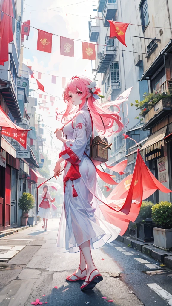 One women walking down a street with vietnamese flags hanging from the buildings, vietnam, pink pastel hair, vietnamese woman, white ao dai, illustration, red flags holiday, flags, vietnamese temple scene, travelers walking the streets, triumphant, vietnam war, proudly walking down the street, red yellow flag, 