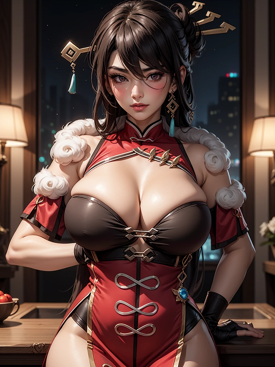 Beidoudef, slim body, huge breast, blush, official art, night,