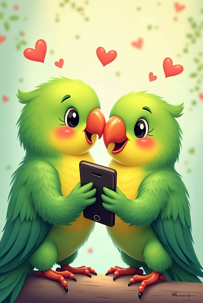 Generates an illustration-type image of two green parrots with SmartPhone messaging, laughing and with hearts of lovers