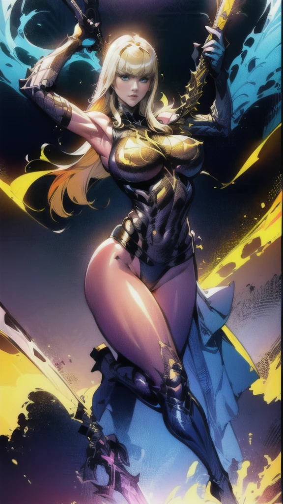 (full body portrait), Magik of X-men, Illyana Rasputin with long white hair, piercing blue eyes, wearing a low cut unitard with high cut legs, tight thigh high boots, holding a glowing magical sword, jumping with sword raised back behind head, huge overhead swing of sword, floating in a mystical realm with swirling energy, (best quality,8k,highres,masterpiece:1.2),ultra-detailed,realistic,photorealistic,photo-realistic:1.37,concept art,dark fantasy,digital painting, dramatic lighting, cinematic, intricate details,ethereal,otherworldly atmosphere, no bra, (torn clothes:1.3)