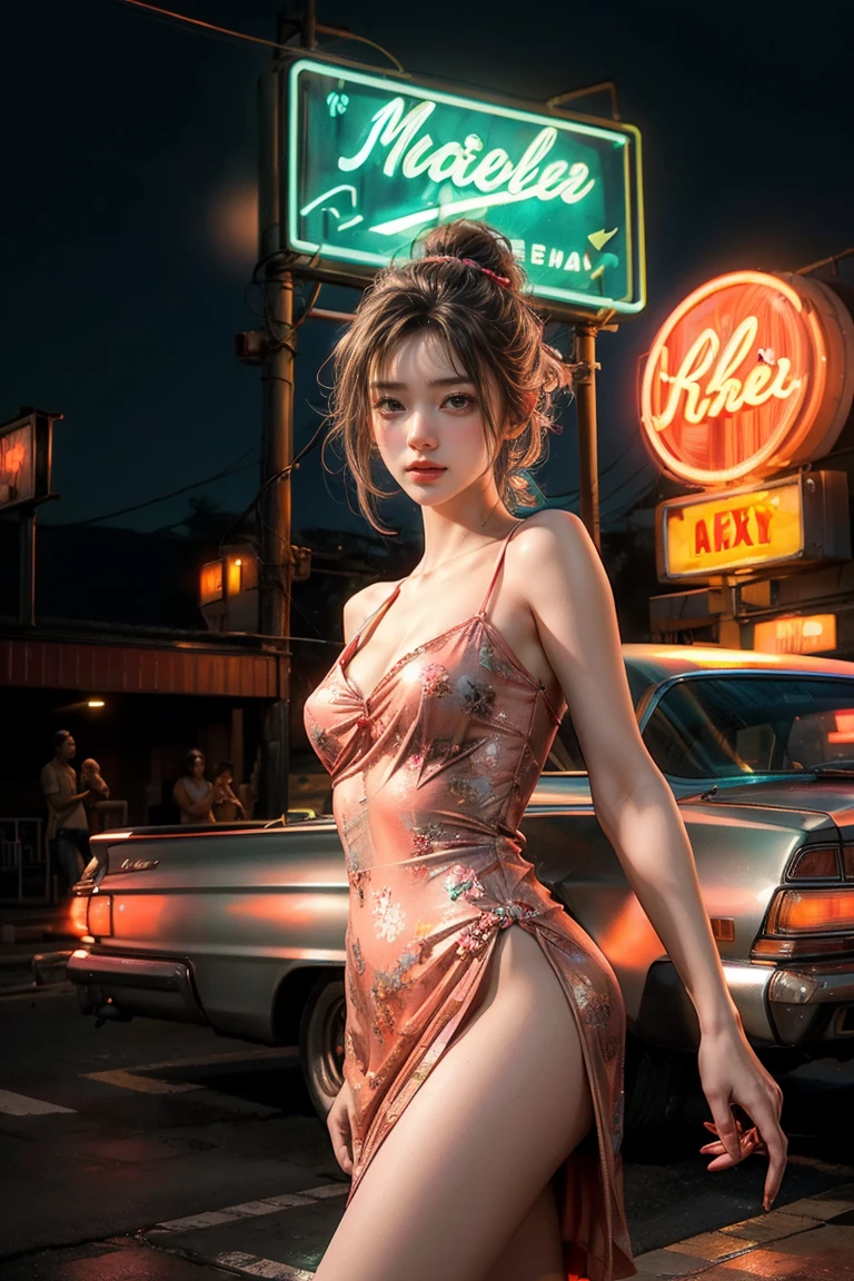 ((masterpiece, best quality, Best image quality, high resolution, realistic, raw photo, 8K)), Araped view of motel with cars parked in front, with neon sign, Woman waiting for guests in front of motel, Temptation, short dress and high heels, route 66, neon sign, 1 9 5 0 Second Americana Tourism, some have neon sign, Neon Lights Outside, neon advertising, gigantic neon sign, neon stores, few neon sign, neon sign in background,