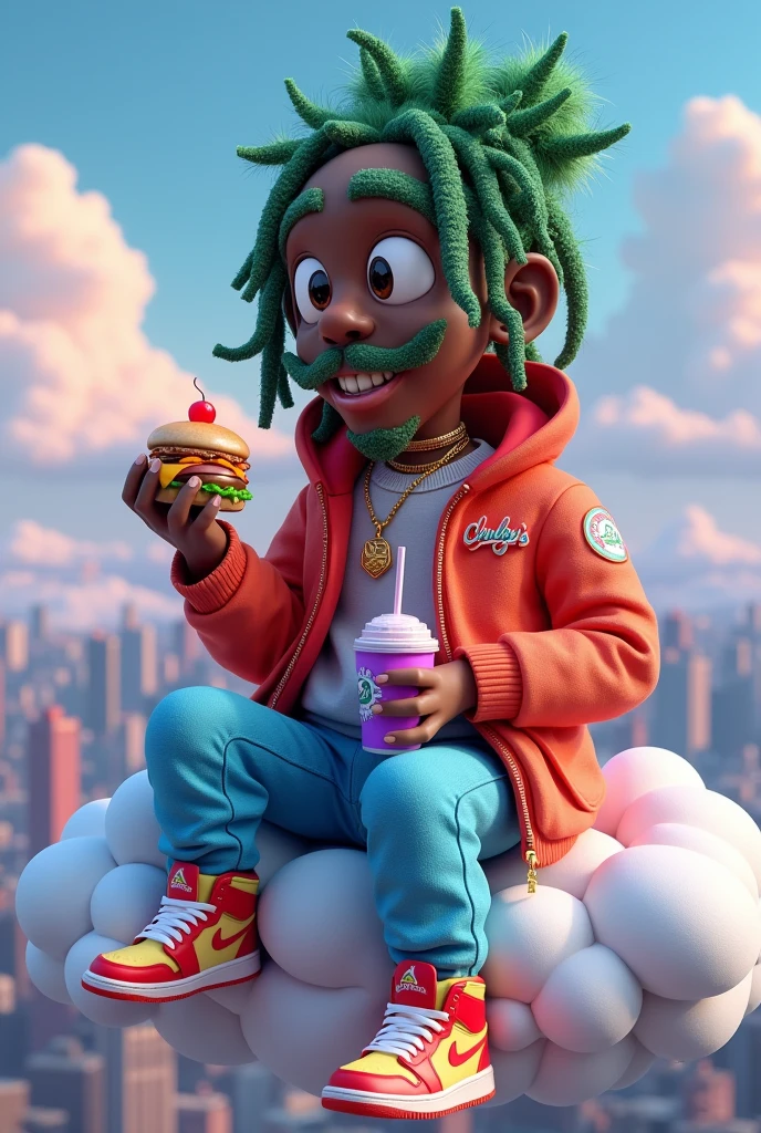 design a 3D exotic indica strain character, with highly crystalized and personified. This character hair are so thick on the buds they look like dreadlocks. This character is sitting in the clouds eating a hamburger he got from CHUBBYS, he is dangling his feet off the edge of the clouds. His jordan shoelaces are always untied. He is so far up you can see the grid of distant cities. he is dumping his ashes to the ground . he has a pinky ring, goldteeth and has a cup of purple juice. the character is dressed in 90s hip hop gear. this is a colorful vibrant portrait. imagine/ 3d exotic indica strain. create multiple characters in a cloud city of differnt colorful exotic strains.